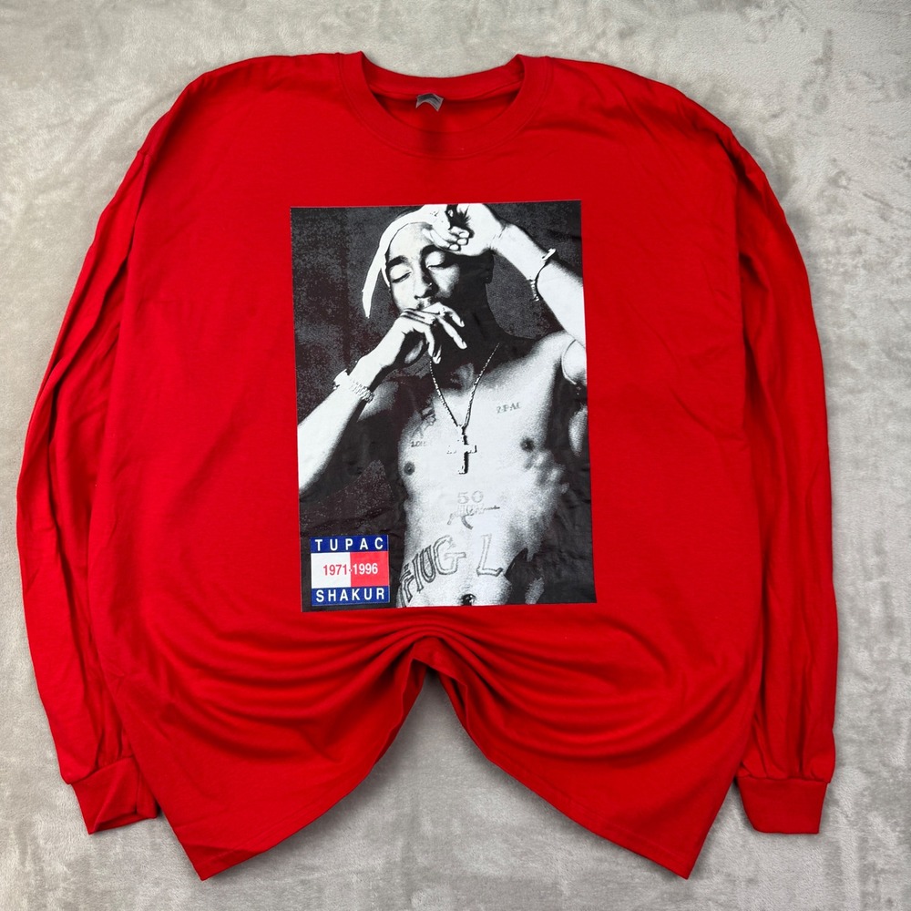 Gildan Tupac Shakur Graphic Tee Mens 2XL Red Long Sleeve Rap Hip Hop Streetwear